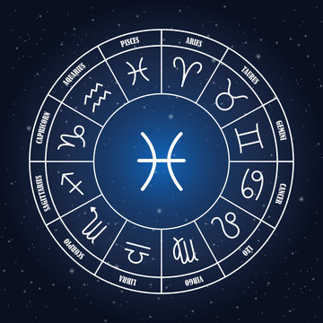 Pisces astrology sing in zodiac circle on the background of starry sky, set of astrology sings