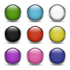 Set of colored glass buttons with metal frame and shadow