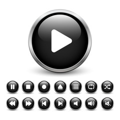 Set of black media player buttons with metal frame and shadow