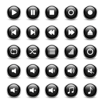 Set of black media player buttons with metal frame and shadow