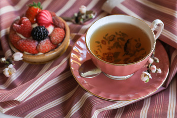 Tea and cake beautiful and delicious breakfast concept.
