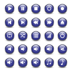 Set of blue media player buttons with metal frame and shadow
