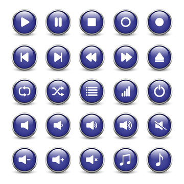 Set of blue media player buttons with metal frame and shadow