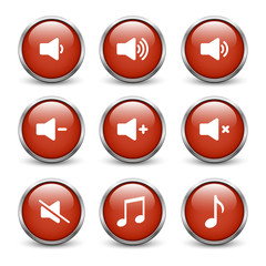 Set of red sound buttons with metal frame and shadow