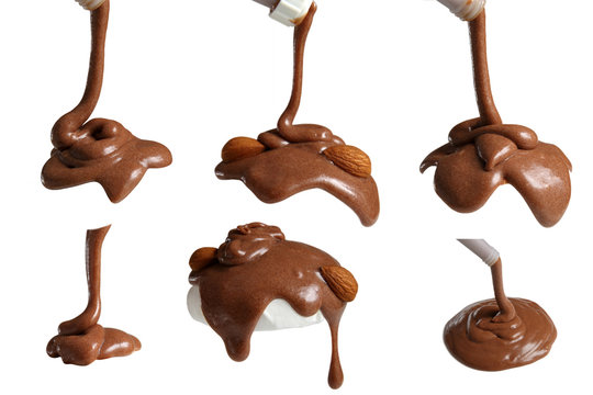 Pouring chocolate cream isolated on white background. Several different options.