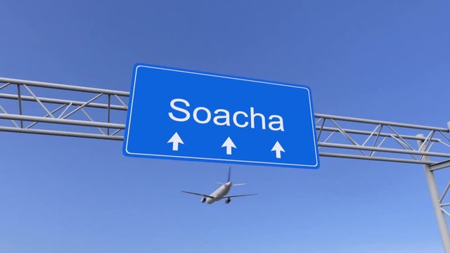 Commercial airplane arriving to Soacha airport. Travelling to Colombia conceptual 4K animation