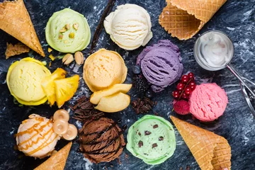 Gardinen Selection of colorful ice cream scoops on marble background © anaumenko