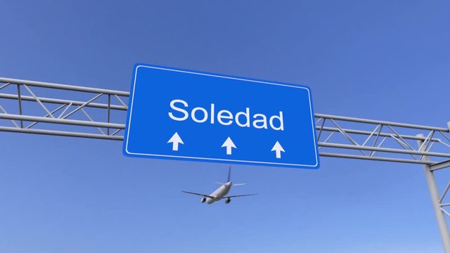 Commercial airplane arriving to Soledad airport. Travelling to Colombia conceptual 4K animation
