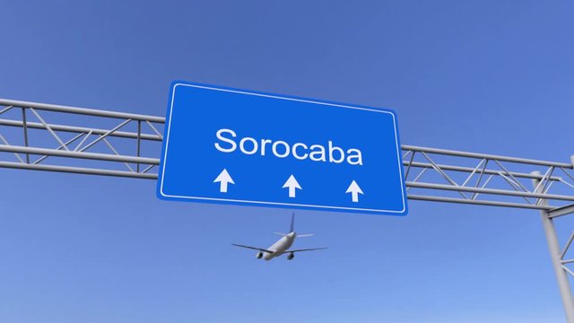 Commercial airplane arriving to Sorocaba airport. Travelling to Brazil conceptual 4K animation