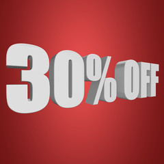 30 percent off letters on red background. 3d render isolated.