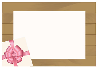 Wooden Plank Background with White sheet of paper and  Square Gift Box with Pink  Bow.  Has place for your text. Vector image.