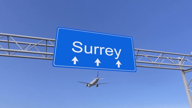 Commercial airplane arriving to Surrey airport. Travelling to Canada conceptual 4K animation