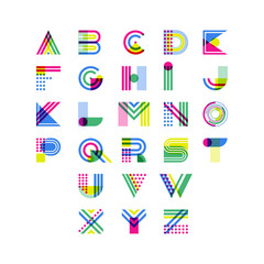 Colorful geometric alphabet. Latin decorative font symbols. Vector logo design elements. Overlapping creative font isolated on white background.