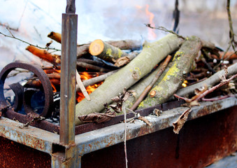 Burning wood in a brazier. Fire.