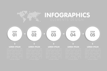 Business infographics template. Timeline with 5 circle arrow steps, five number options. World Map in background. Vector element