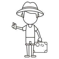 traveler man with suitcase passport thin line vector illustration eps 10