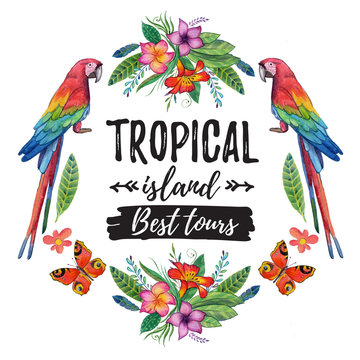 Watercolor summer frame for banner, poster, sale With tropical birds, flowers Tropical island Tropical summer paradise
