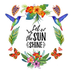 Watercolor summer frame for banner, poster, sale With tropical birds, flowers Tropical island Tropical summer paradise