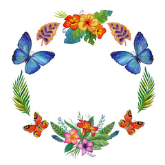 Watercolor summer frame for banner, poster, sale With tropical birds, flowers Tropical island Tropical summer paradise