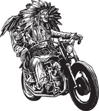 An hand drawn vector, freehand sketching. Native American couple, lovers, drive a motorycle. - - - The bike is not specific brand - something as a common chopper. - - -
