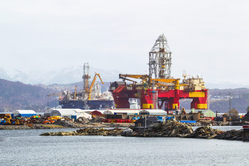 Oil platforms under maintenance near Bergen, Norway.