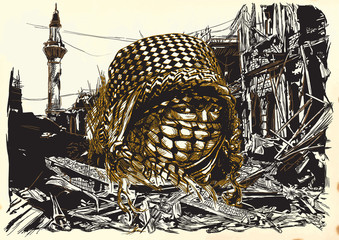 Muslim woman with big eyes, wearing a niqab in front of War place. Hand drawn vector illustration. Ruins of an town, city. Drawing on paper. Islamic, Muslim World.  - - This is not a real person - -