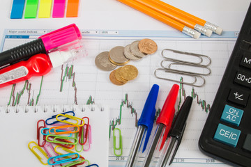 Financial chart on a white background with calculator, coins, pens, pencils and paper clips