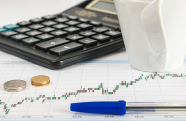 Obraz premium Business graph on a white background with calculator, cup of coffee, pencil and money