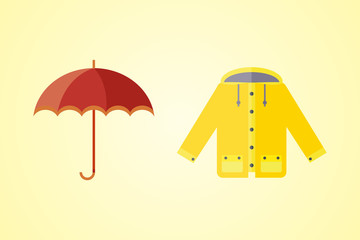 collection of autumn clothes set items the fall acorn leaves tree rain clouds cold weather red yellow colors coat raincoat parka vector illustration umbrella © Vectorvstocker
