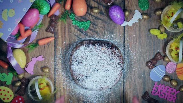 4K Easter Composition From Above Of Hands Taking Cake