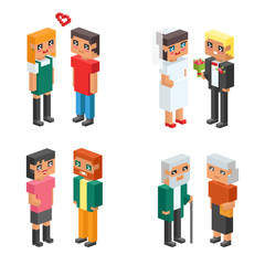 3d isometric family couple children kids people flat icons flirting love first date wedding parenting together vector square illustration man woman