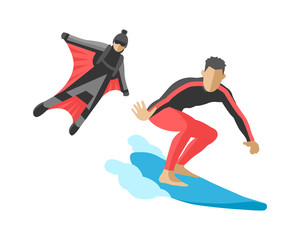 Fototapeta premium Vector snowboard jumping extreme athletes silhouettes illustration life set speed skydiver wakeboard surfing flyboard skydiving adrenaline flying