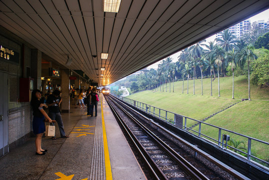 Singapore. Train arrives at the Ang Mo Kio Station