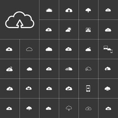 outline upload. white clouds icon set on gray background to use in web and mobile UI