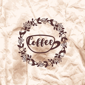 Imprint of the stamp coffee on a crumpled kraft paper background. Vector sample packaging.