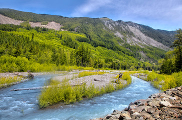 Whiter river landscape near Mount Rainier in Washington