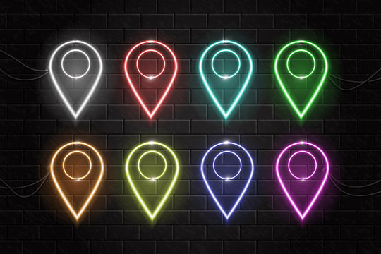 Vector Collection Of Neon Map Pins On The Wall Background.