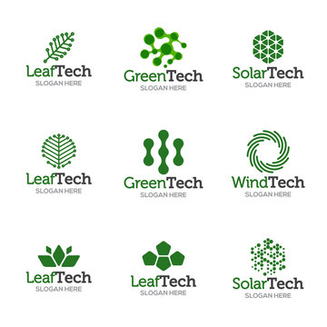 Collection of logo templates. Vector abstract shapes for green technology brand, logo, label design. Eco, organic, tree, energy, natural resources tech.