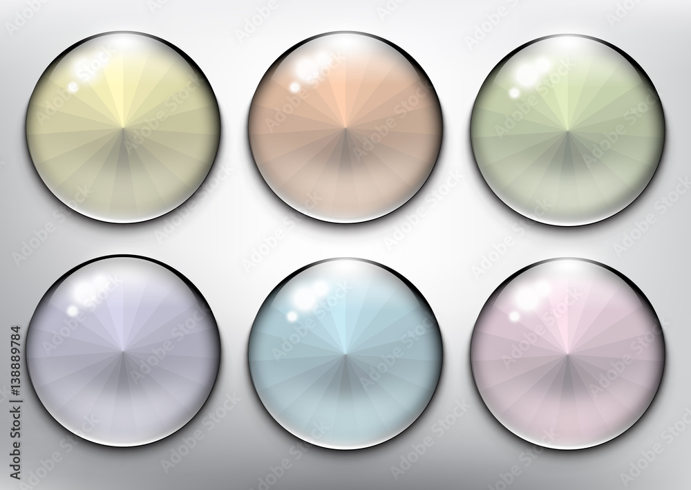 Wall mural Abstract vector web buttons set of 6. Isolated with realistic, transparent glass shine and shadow on the light background. Vector illustration. Eps10.