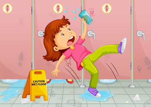 Girl slipping on toilet floor