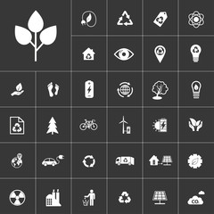 ecology and alternative energy icon set at gray background. Natural renewable energy technologies as solar, wind, water, geothermal heat, bio fuel.