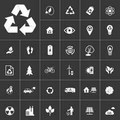 ecology and alternative energy icon set at gray background. Natural renewable energy technologies as solar, wind, water, geothermal heat, bio fuel.