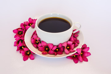 Cup of coffee with flowers on the white background