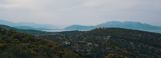 Landscape panorama of Poros island, Greece.