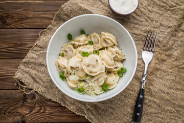 Meat dumplings - russian pelmeni, ravioli with meat on a white plate