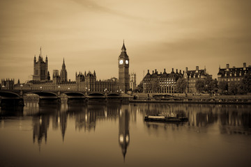 The Big BenBig Ben with reflection in London. England at sunrise in vintage colours. London