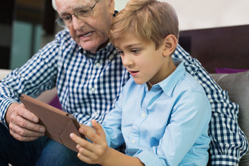 Fototapeta premium Positive little son and grandpa looking at photo