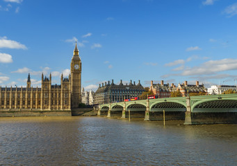 Big Ben and Houses of Parliament at suny day in London, UK