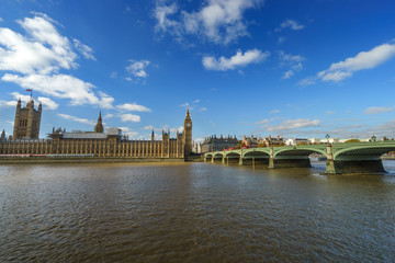 Big Ben and Houses of Parliament at suny day in London, UK