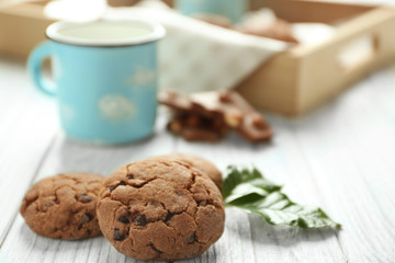 Delicious coffee cookies on kitchen table, closeup